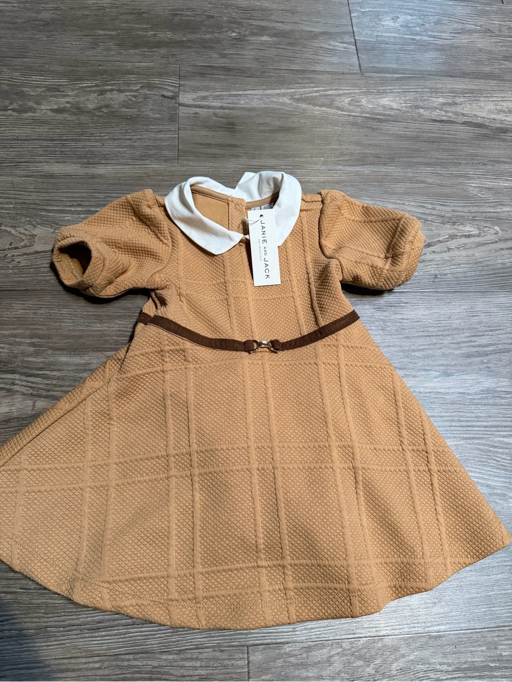 Janie and Jack Tan Knit Dress with White Peter Pan Collar